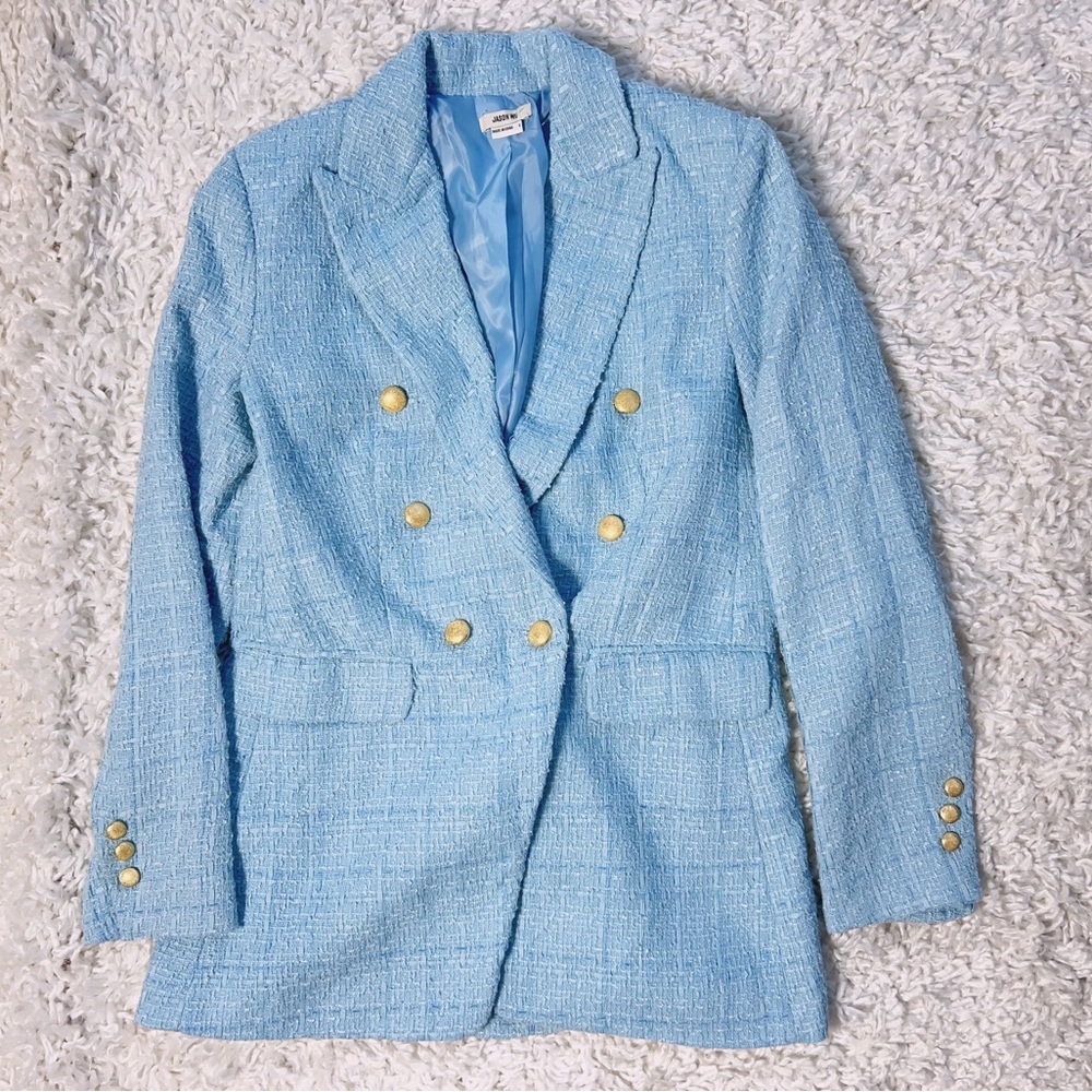 NWT Jason Wu Tweed Blazer Double Breasted Oversized Jacket Light Blue - Picture 2 of 3